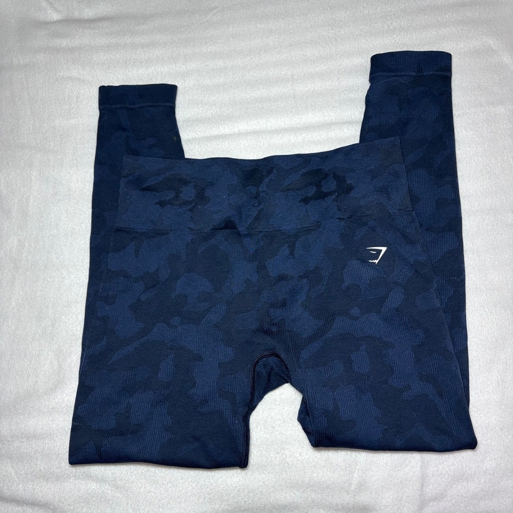 Gymshark Womens Camo Seamless Leggings Navy Blue High Waisted Workout Tights